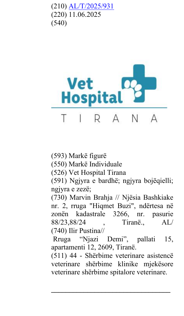 Zëri i markës Vet Hospital Tirana në buletin