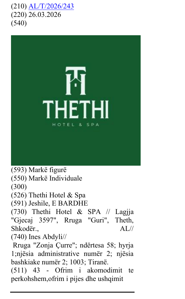 Zëri i markës Thethi Hotel & Spa në buletin