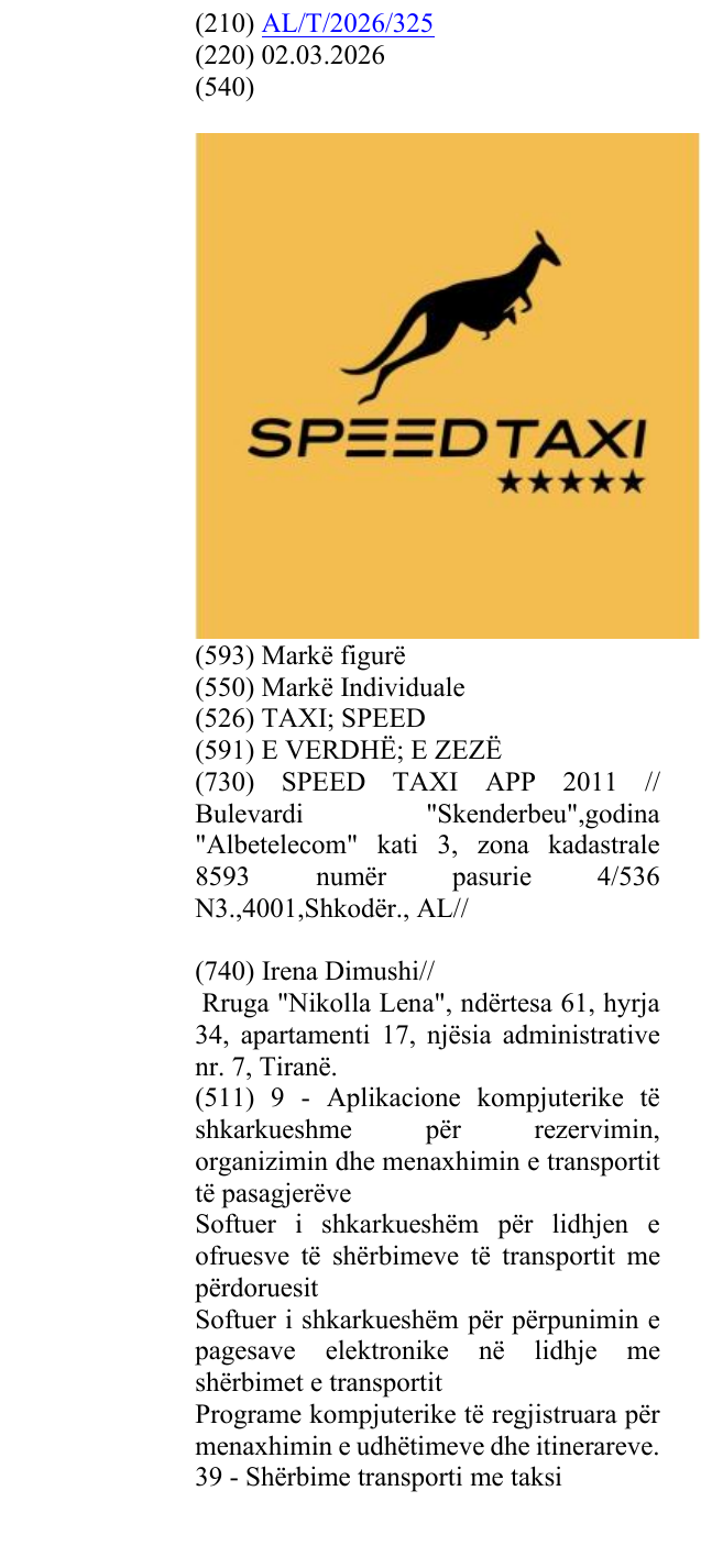 Zëri i markës TAXI; SPEED në buletin