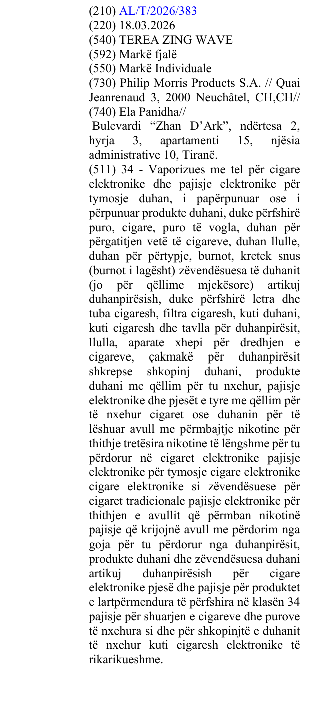 Zëri i markës TEREA ZING WAVE në buletin