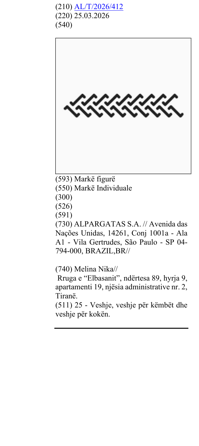 Zëri i markës AL/T/2026/412 në buletin