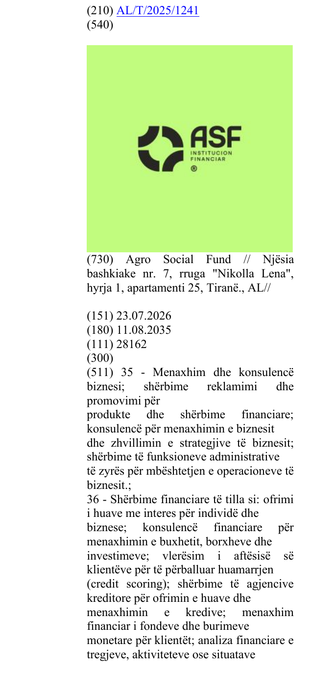 Zëri i markës INSTITUCION FINANCIAR; ® në buletin