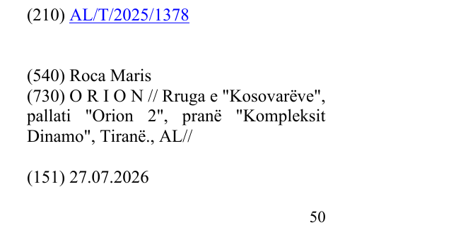 Zëri i markës Roca Maris në buletin