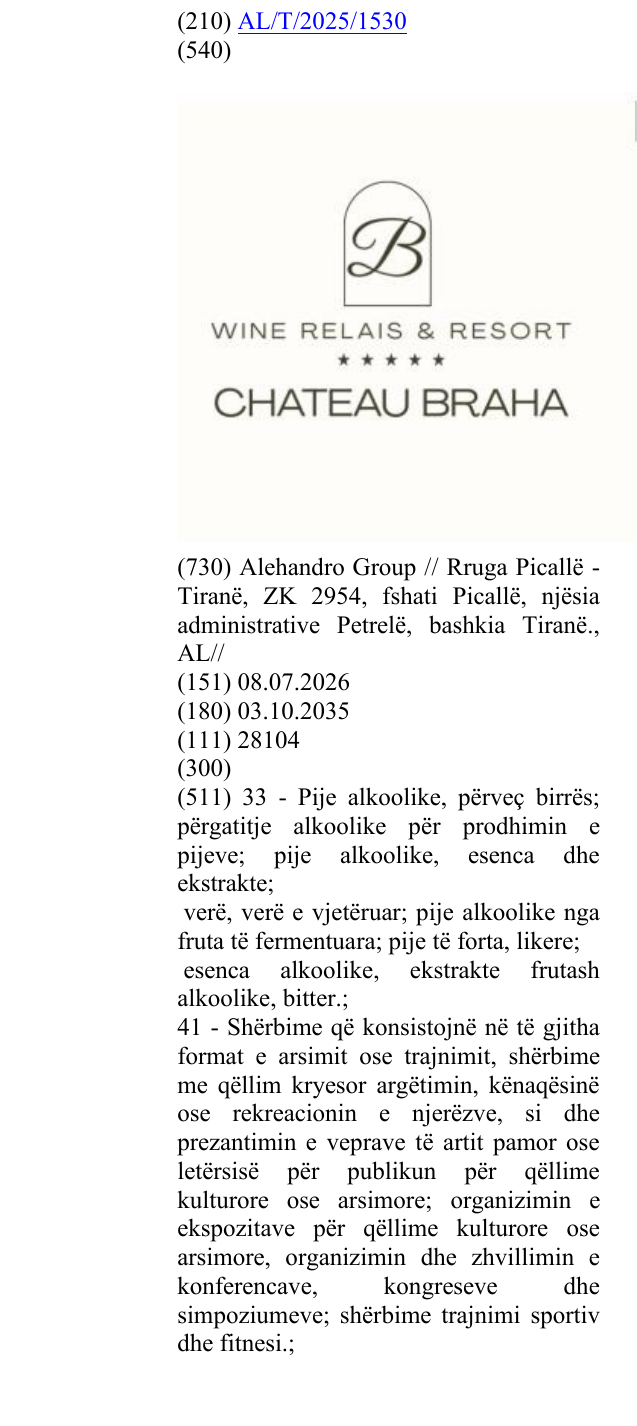 Zëri i markës wine; relais; resort; chateau; elementet figurative (yjet) në buletin