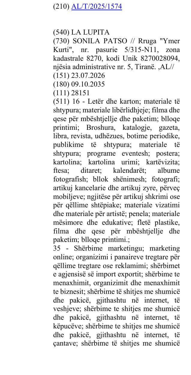 Zëri i markës LA LUPITA në buletin