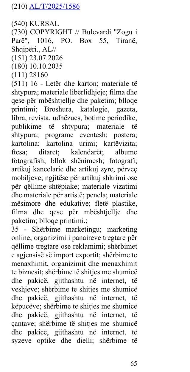 Zëri i markës KURSAL në buletin