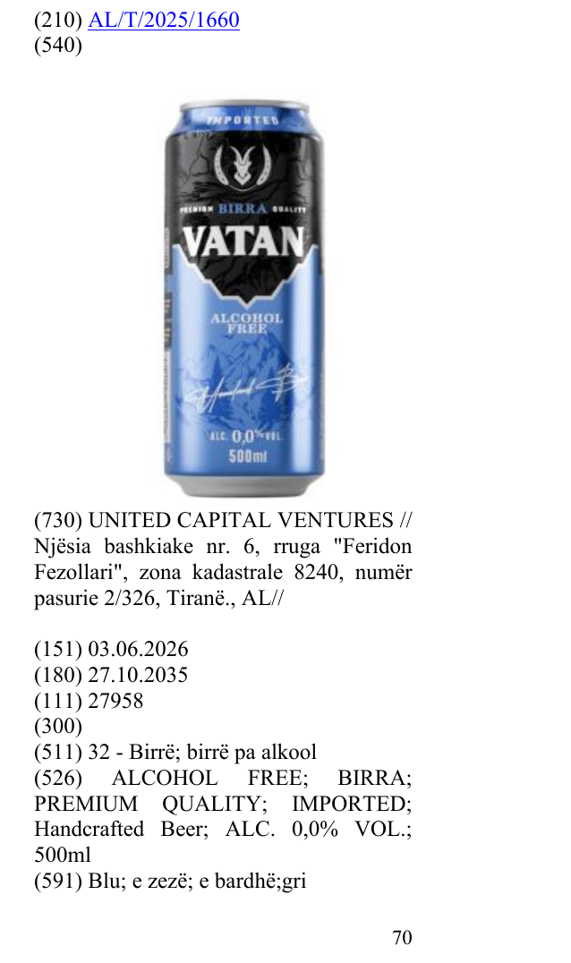 Zëri i markës ALCOHOL FREE; BIRRA; PREMIUM QUALITY; IMPORTED; Handcrafted Beer; ALC. 0,0% VOL.; 500ml në buletin