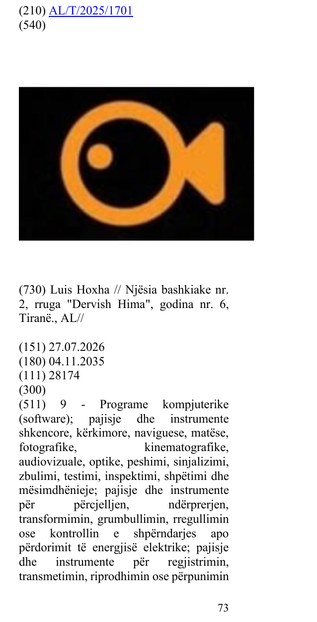 Zëri i markës AL/T/2025/1701 në buletin