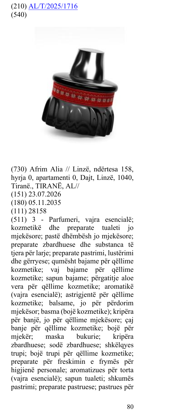 Zëri i markës AL/T/2025/1716 në buletin