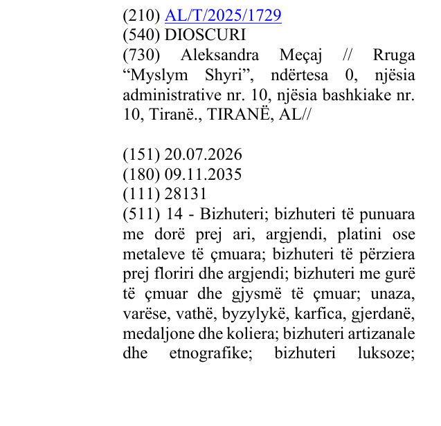 Zëri i markës DIOSCURI në buletin