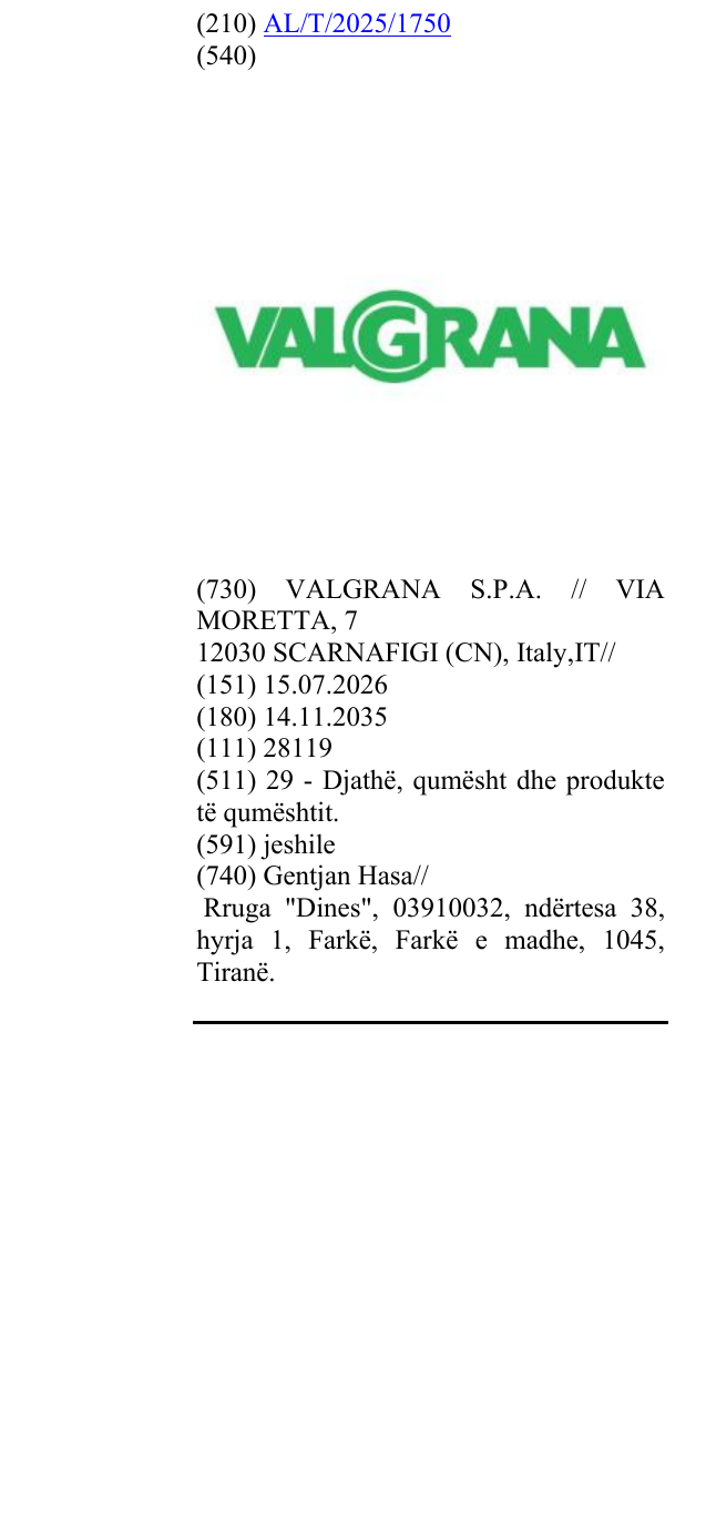 Zëri i markës VALGRANA në buletin
