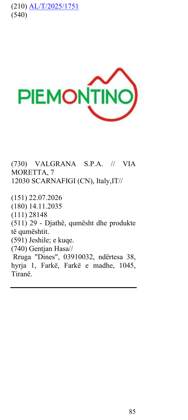 Zëri i markës PIEMONTINO në buletin