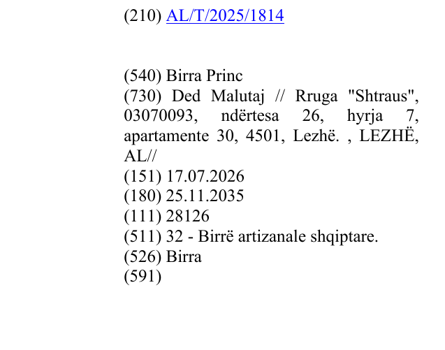 Zëri i markës Birra Princ në buletin