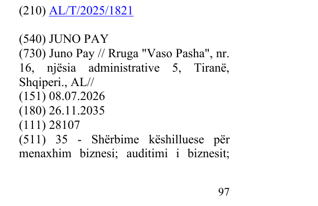 Zëri i markës JUNO PAY në buletin