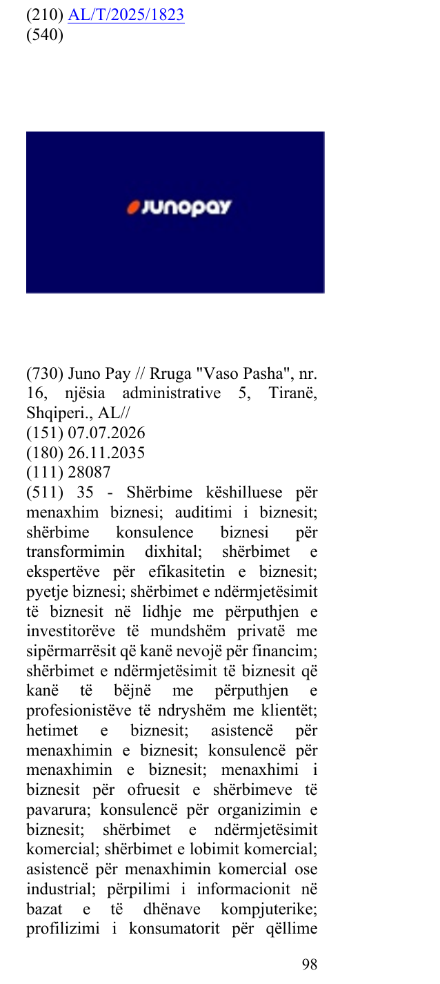 Zëri i markës JUNOPAY në buletin
