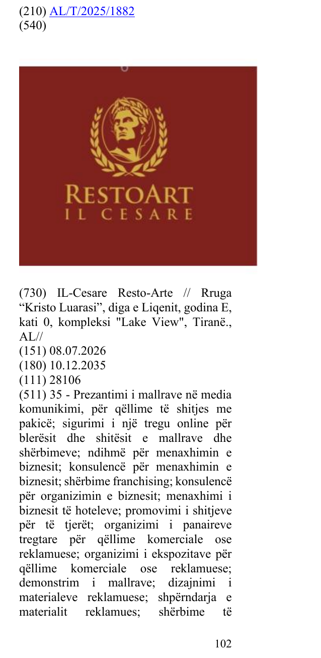 Zëri i markës RESTOART IL CESARE në buletin