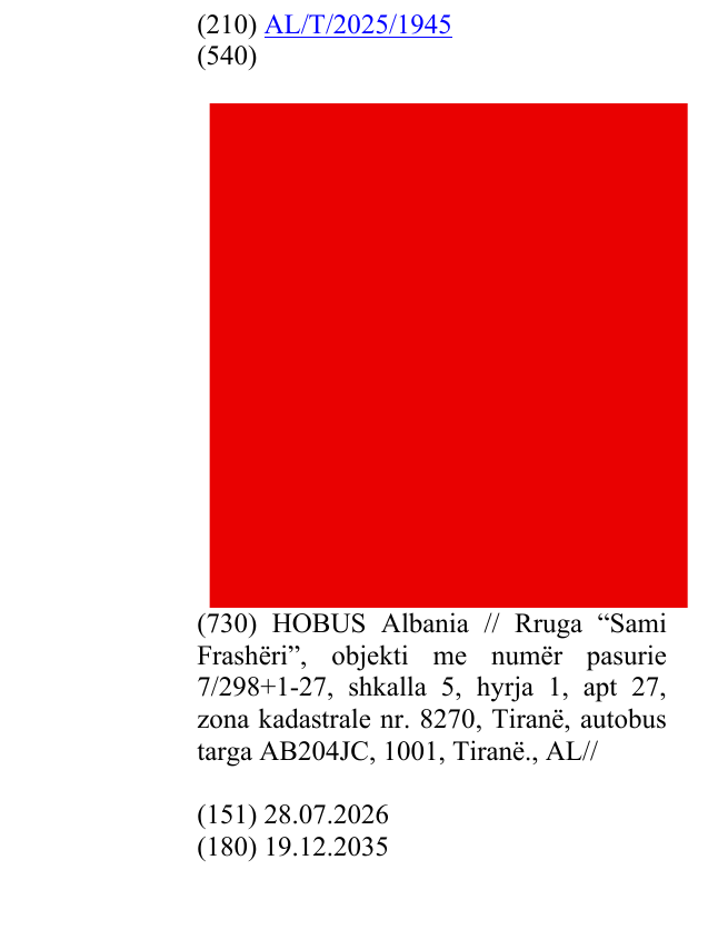 Zëri i markës AL/T/2025/1945 në buletin