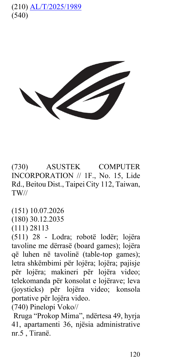 Zëri i markës AL/T/2025/1989 në buletin