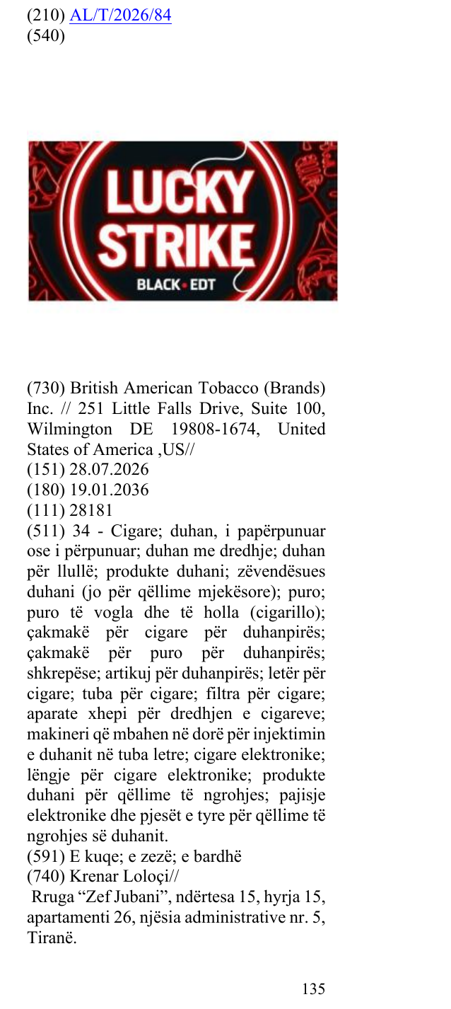 Zëri i markës LUCKY STRIKE BLACK EDT në buletin