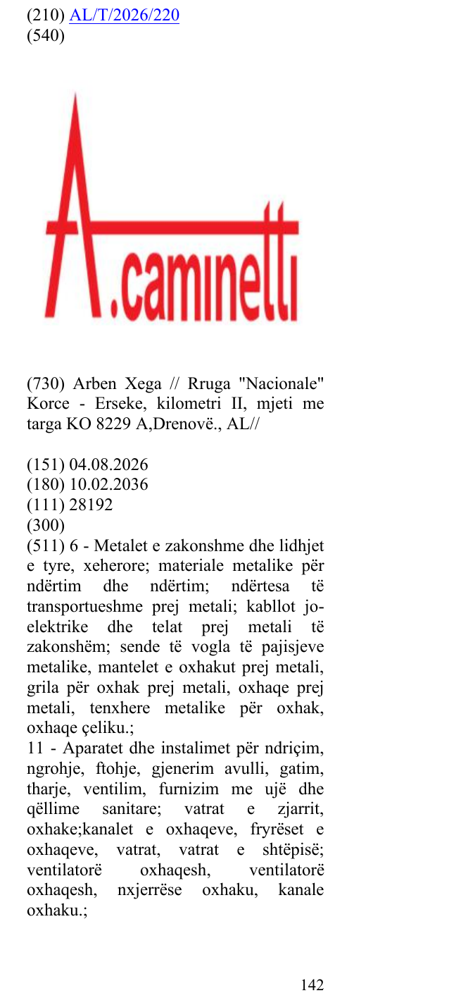 Zëri i markës A.caminetti në buletin