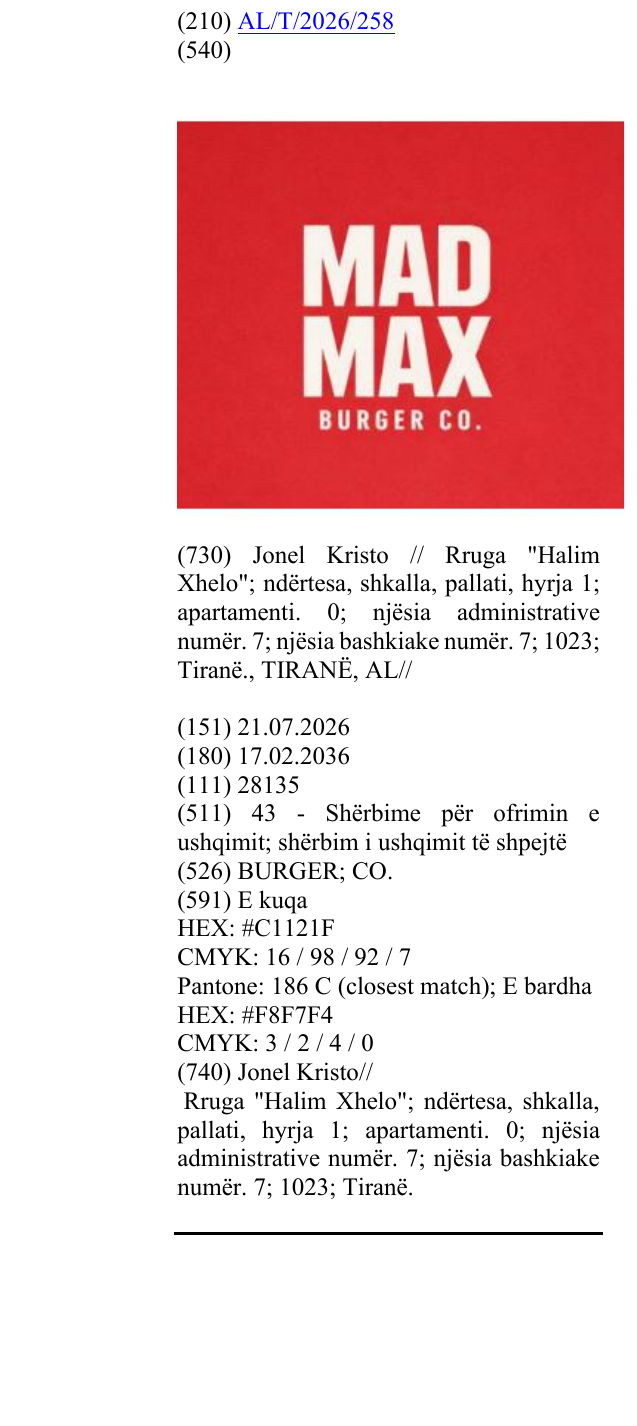 Zëri i markës BURGER; CO. në buletin