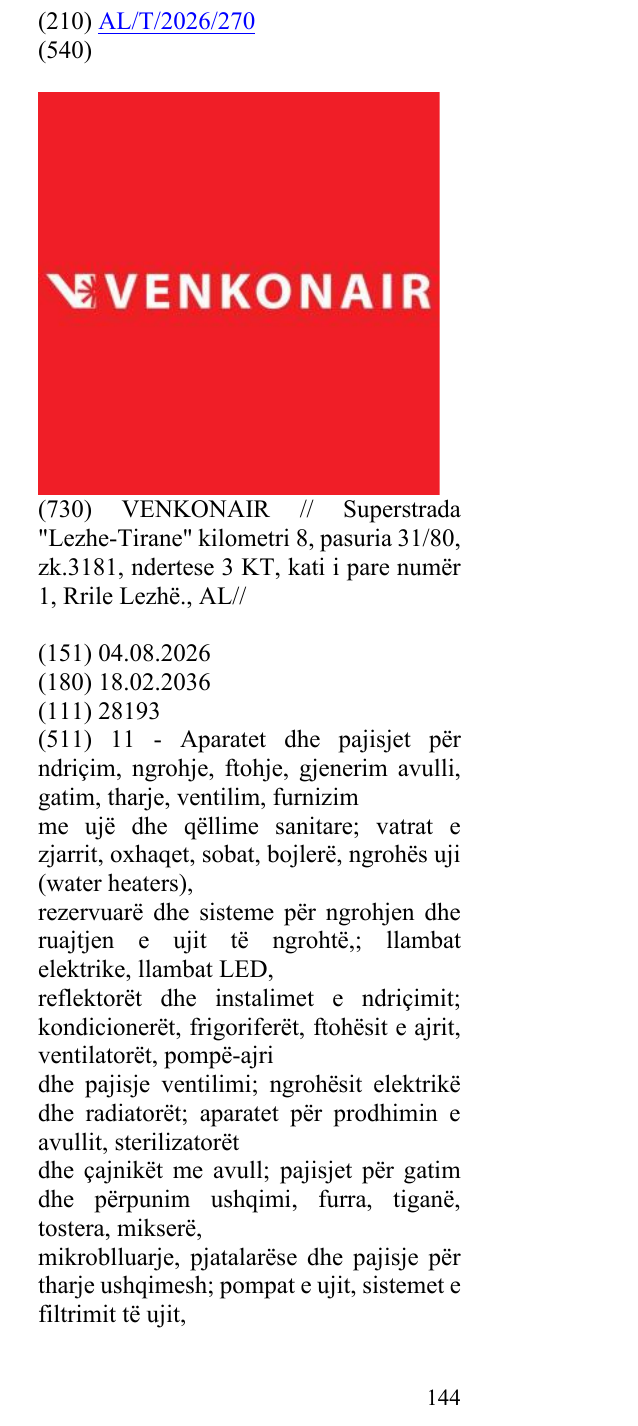 Zëri i markës VENKONAIR në buletin