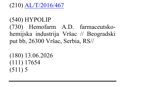 Zëri i markës HYPOLIP në buletin