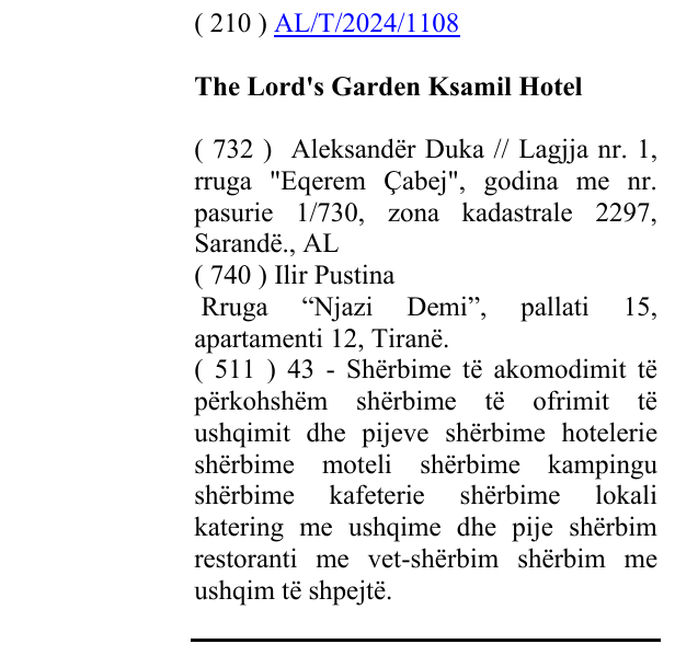 Zëri i markës The Lord's Garden Ksamil Hotel në buletin
