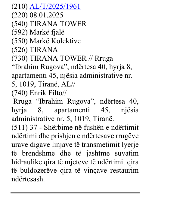 Zëri i markës TIRANA TOWER në buletin