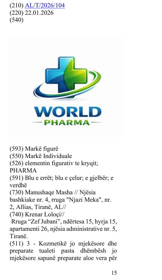 Zëri i markës elementin figurativ te kryqit; PHARMA në buletin