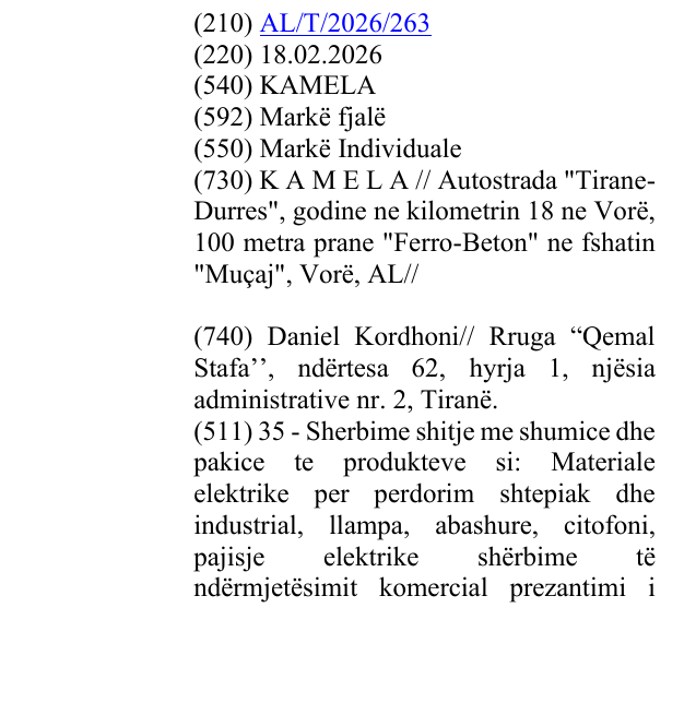 Zëri i markës KAMELA në buletin