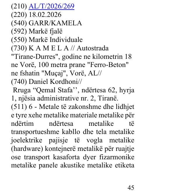 Zëri i markës GARR/KAMELA në buletin