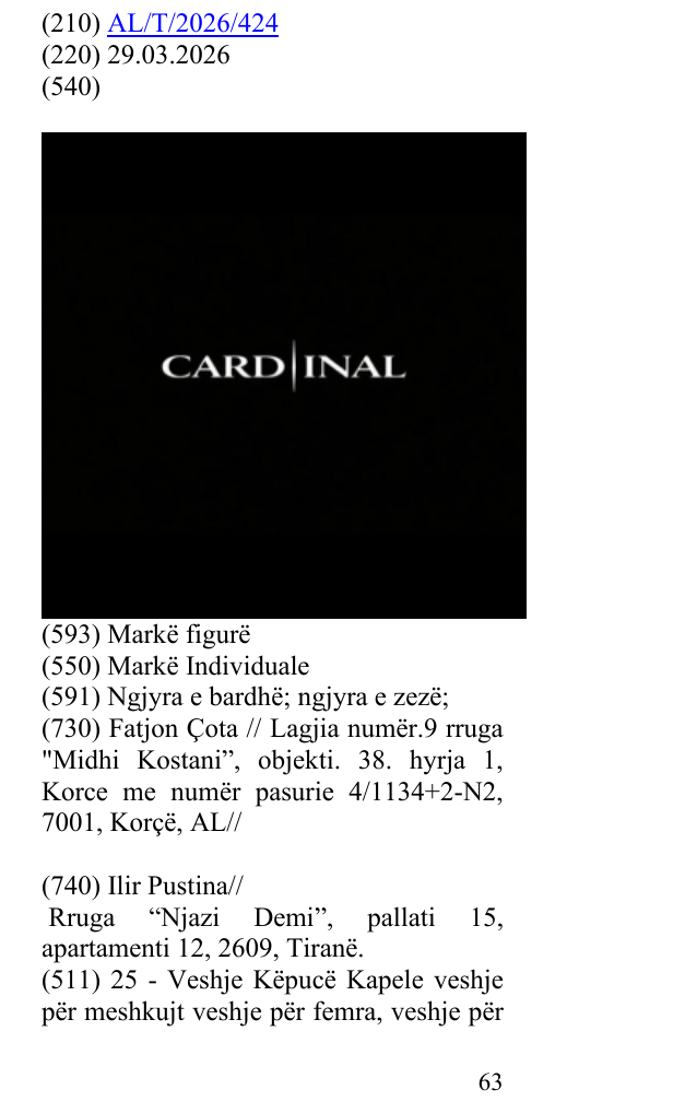 Zëri i markës CARD INAL në buletin