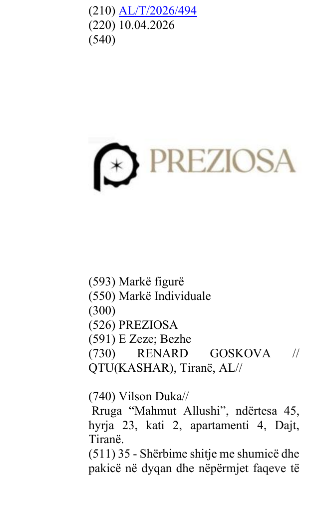 Zëri i markës PREZIOSA në buletin