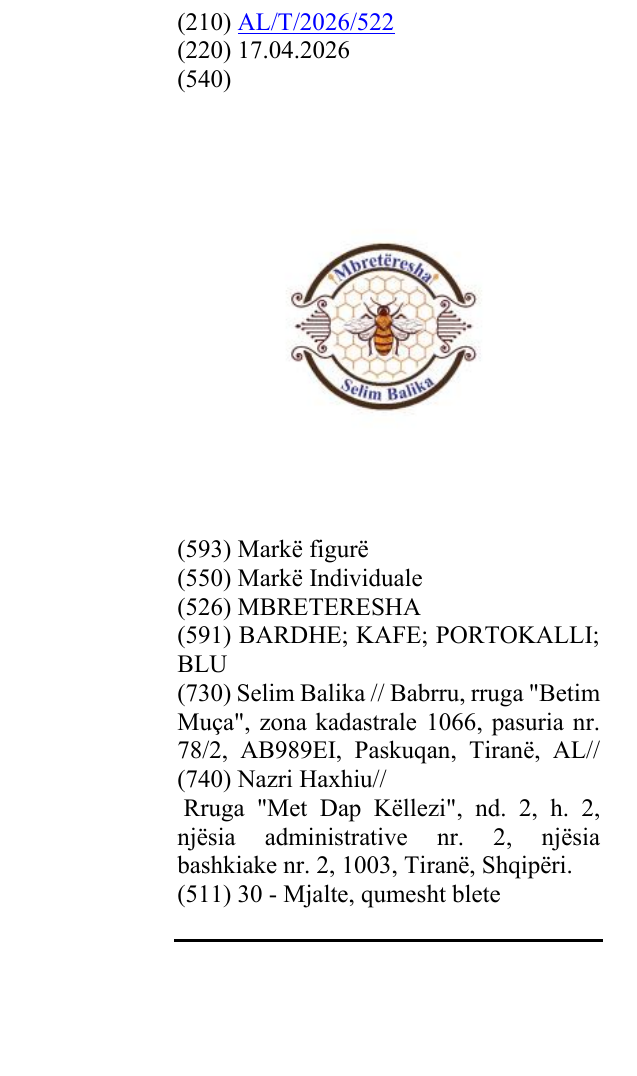Zëri i markës MBRETERESHA në buletin