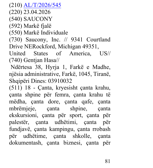 Zëri i markës SAUCONY në buletin