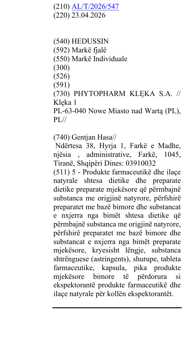 Zëri i markës HEDUSSIN në buletin