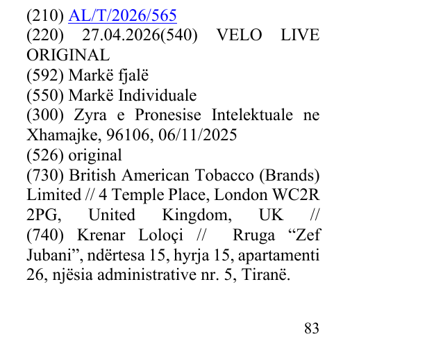 Zëri i markës VELO LIVE ORIGINAL në buletin