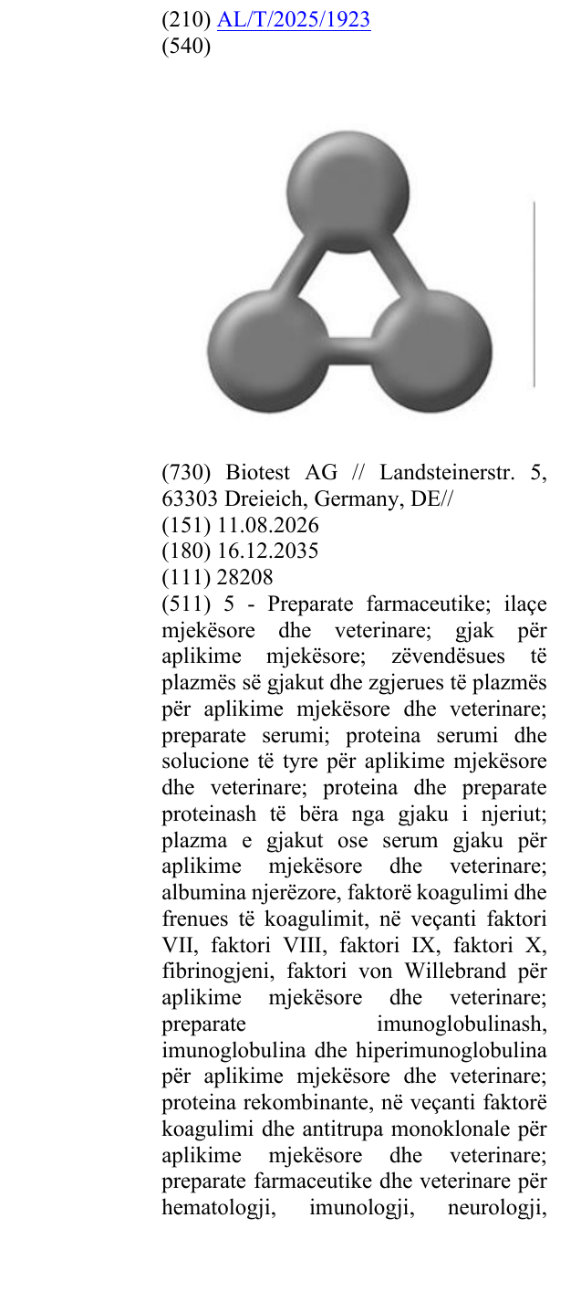 Zëri i markës AL/T/2025/1923 në buletin