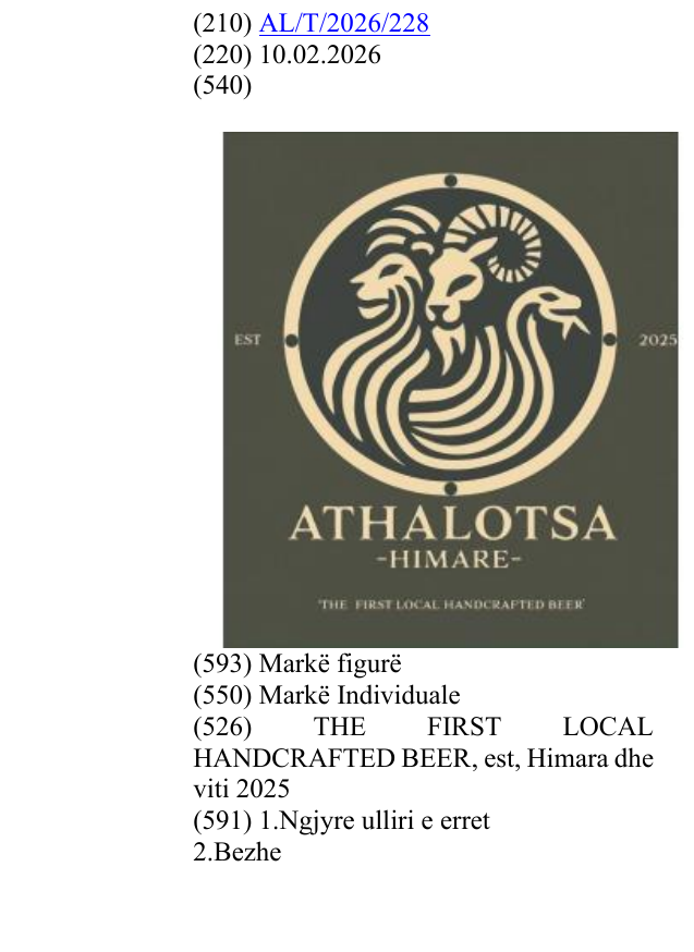 Zëri i markës THE FIRST LOCAL HANDCRAFTED BEER , est, Himara dhe viti 2025 në buletin