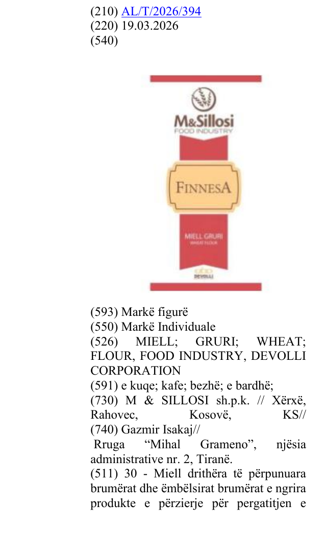 Zëri i markës MIELL; GRURI; WHEAT; FLOUR, FOOD INDUSTRY, DEVOLLI CORPORATION në buletin