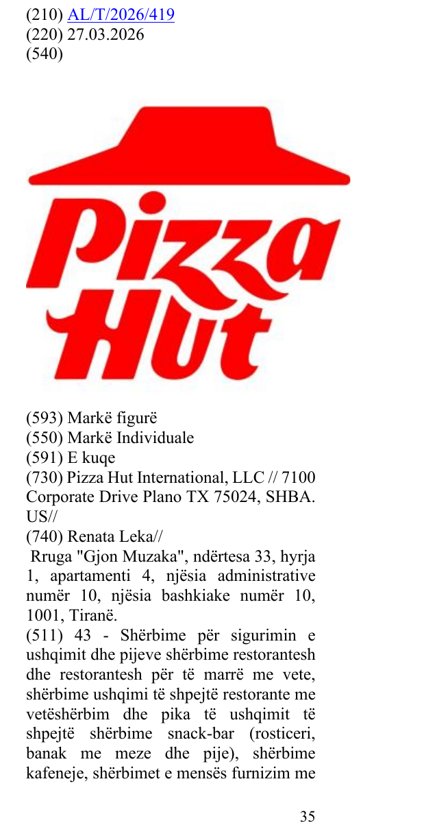 Zëri i markës Pizza Hut në buletin