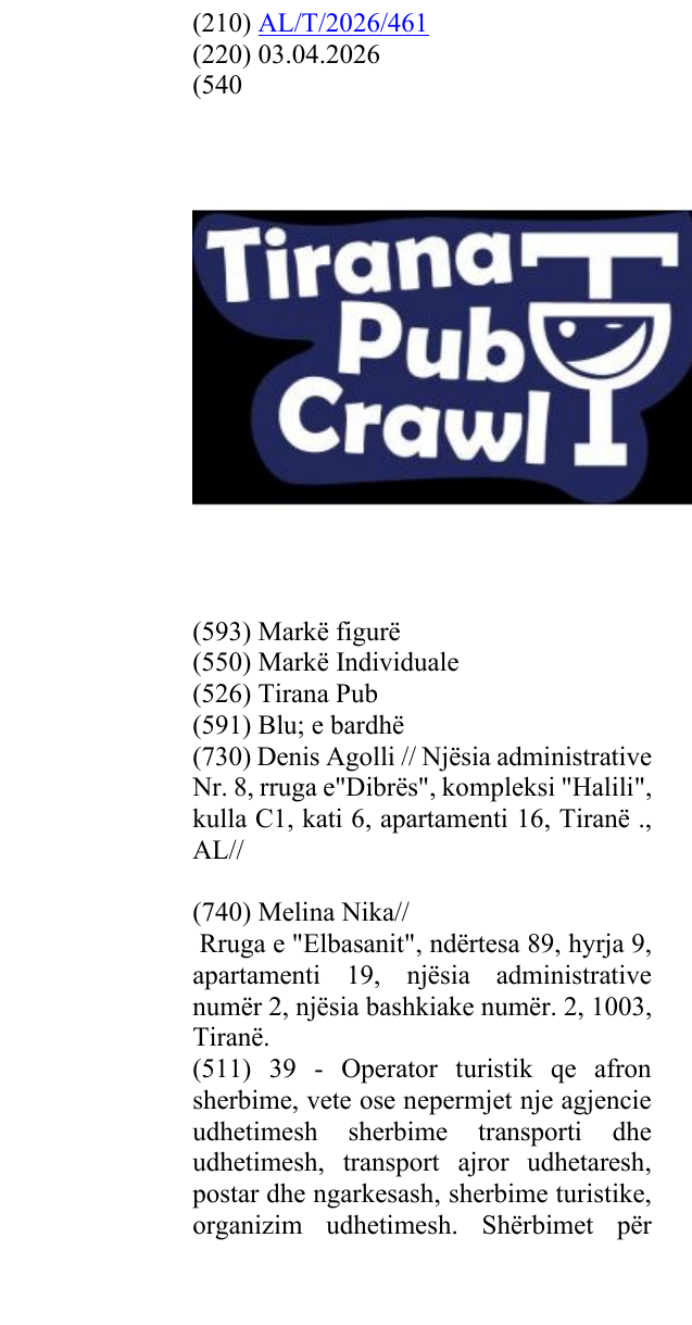 Zëri i markës Tirana Pub në buletin