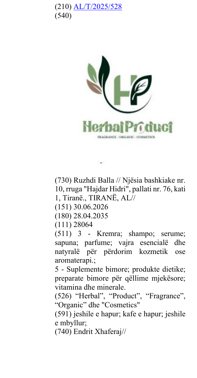 Zëri i markës “Herbal”, “Product”, “Fragrance”, “Organic” dhe "Cosmetics" në buletin