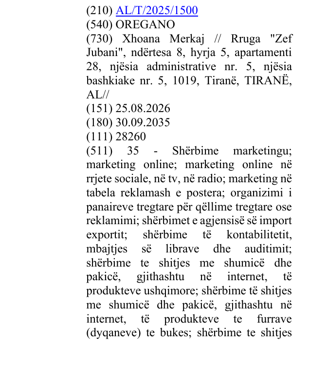 Zëri i markës OREGANO në buletin