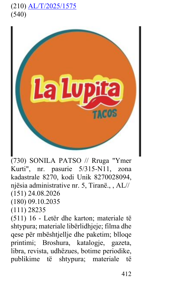 Zëri i markës “tacos” në buletin