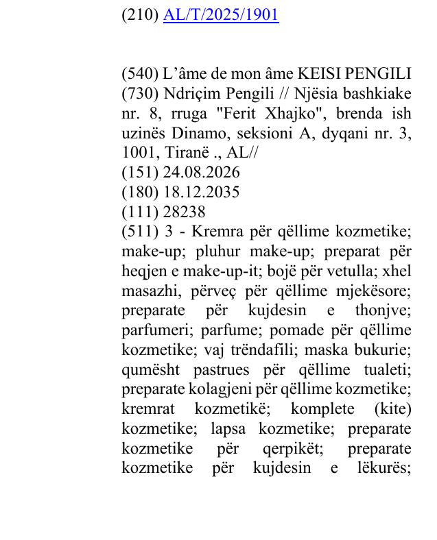 Zëri i markës L’âme de mon âme KEISI PENGILI në buletin