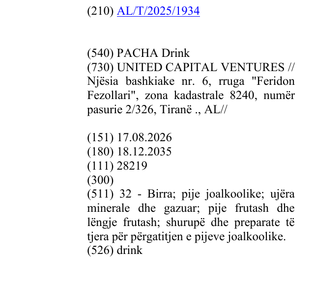 Zëri i markës PACHA Drink në buletin