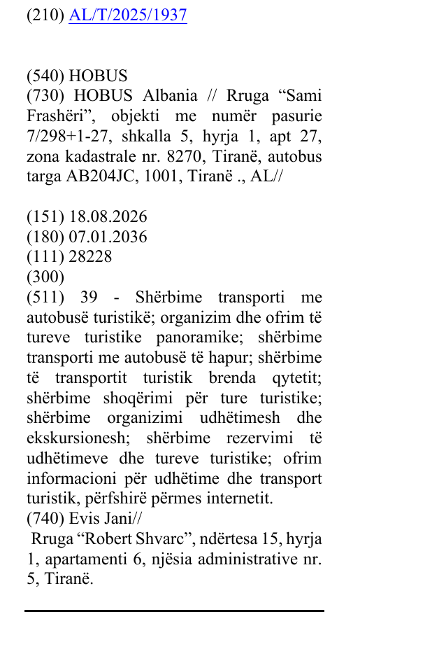 Zëri i markës HOBUS në buletin