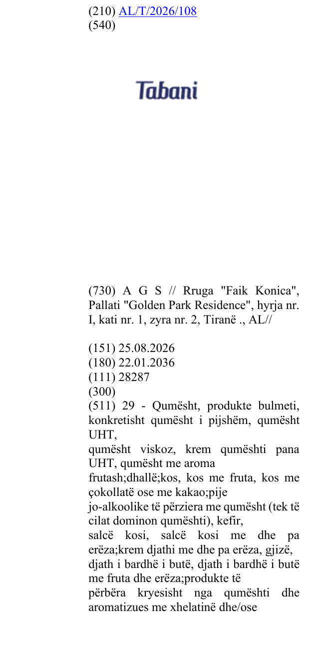 Zëri i markës TABANI në buletin